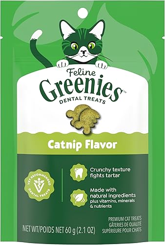 Greenies Golosinas dentales naturales para gatos adultos recomendadas por veterinarios felinos, sabor hierba gatera, bolsa de 2.1 onzas