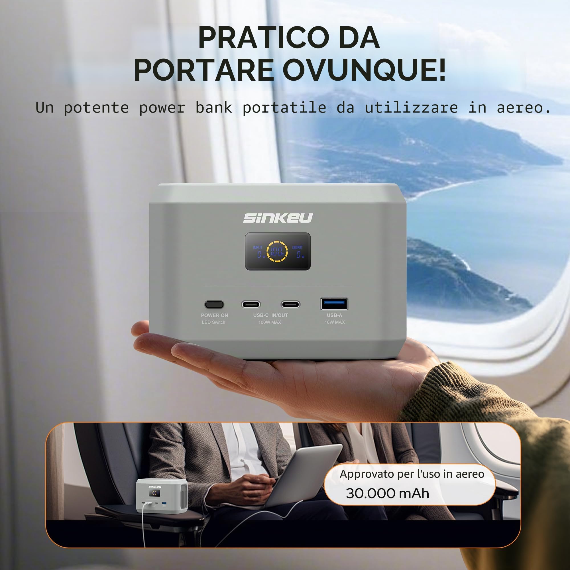 SinKeu Powerstation portatile, batteria LiFePO4 da 96 Wh, USB-C 100 W di ingresso/uscita | 3 porte, batteria di ricarica rapida per viaggi, alimentazione di emergenza