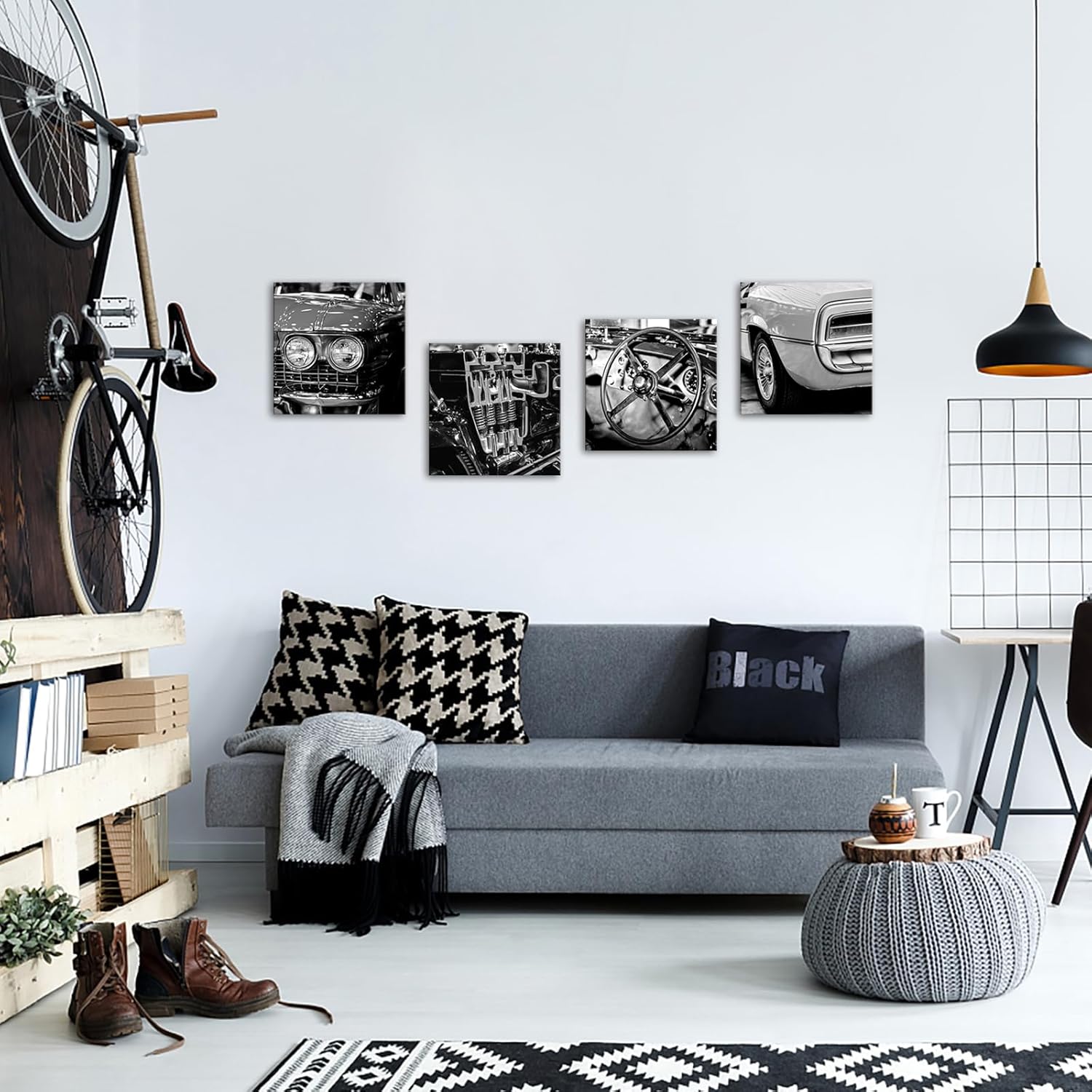 VANSEEING Black and White Vintage Car Canvas Wall Art American Retro Vehicle Engines Steering Wheel Cool Classic Pictures Posters Wall Decor for Men's Boys Room Bedroom 12''x12''x 4 Panels