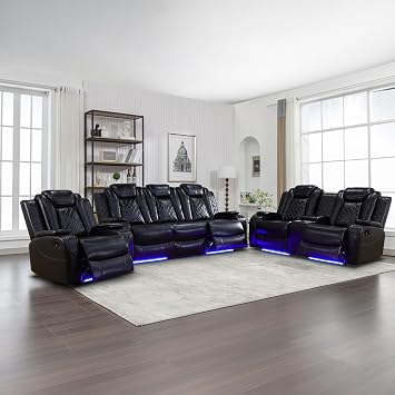 Power Recliner Sofa Set with LED Lights, Leather Living Room Furniture with USB Port/Storage Console/Cup Holders, Reclining Sofa Set for House/Home Theater 3 Pieces, Black