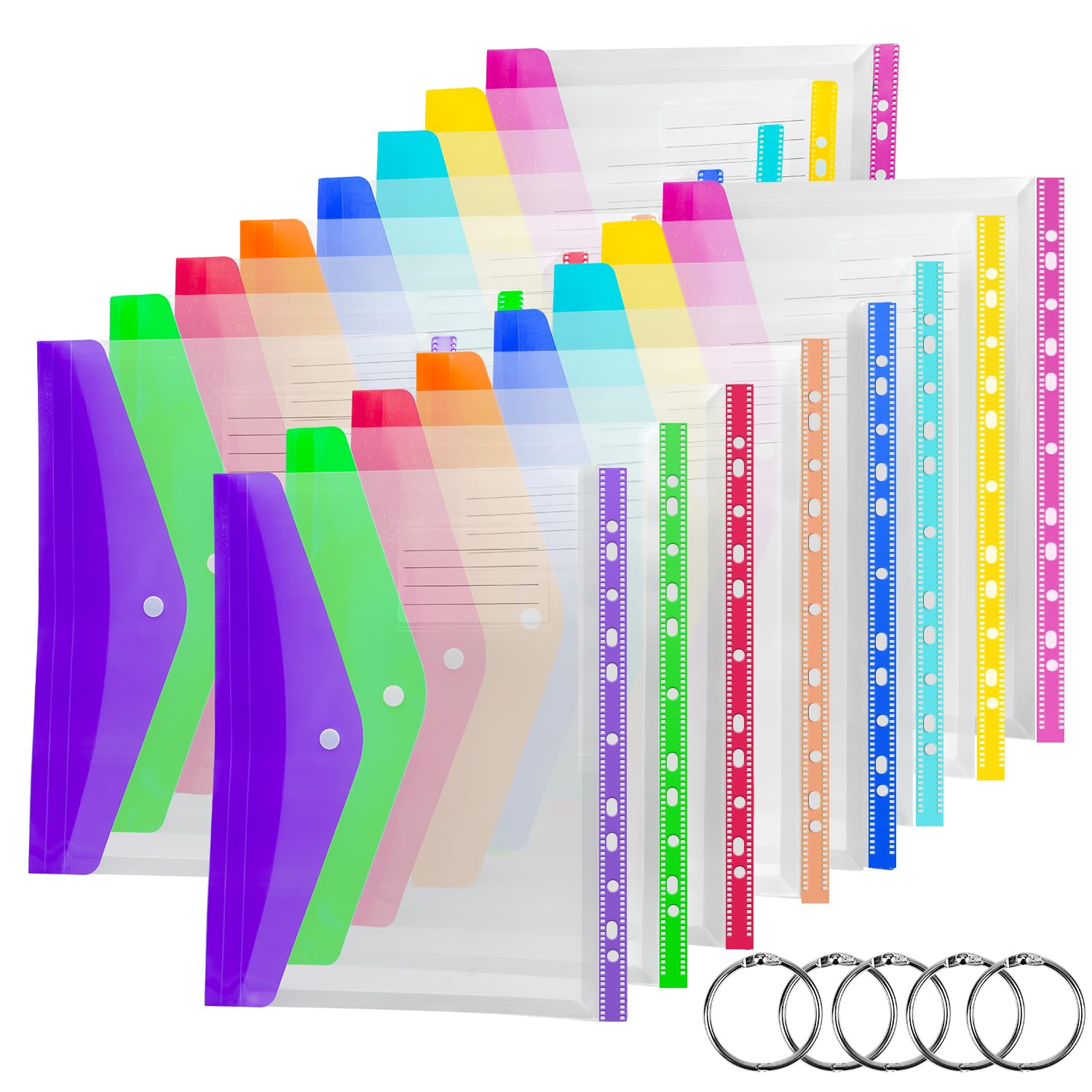SdreMelo16Pack Punched Pockets A4 Expandable Punched Folders 8 Colors A4 Plastic Wallets Folders 11 Holes Plastic Punched Documents Folder Envelope File Popper Wallets with Lable Pocket Snap Button
