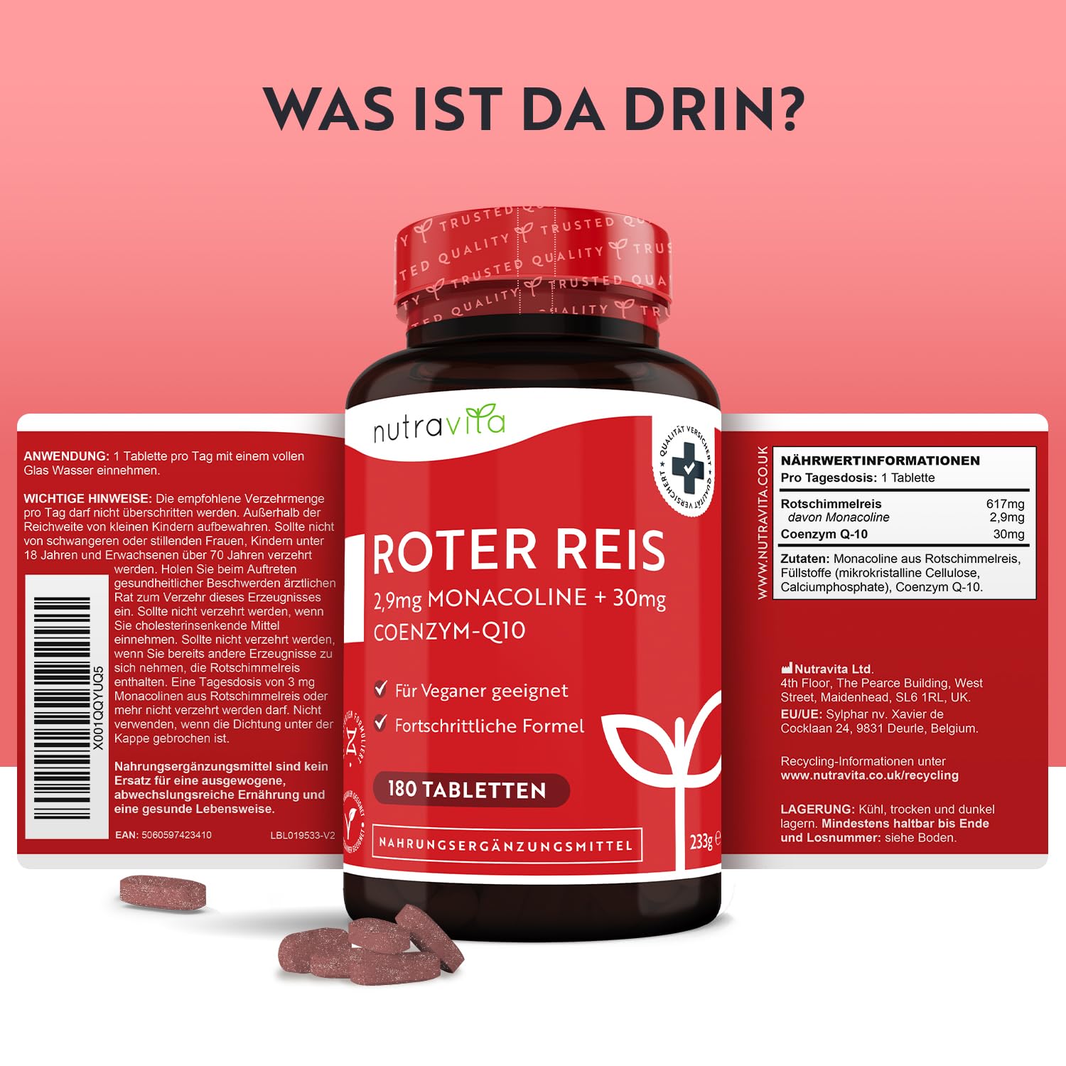 Fermentierter Roter Reis 617mg - 180 Vegane Tabletten - Cholesterin Senken - Hochdosiert mit 2,9 mg Monacolin K und 30 mg CoQ10 pro Tablette - Laborgeprüft - Roter Reis Kapseln Alternative - Nutravita