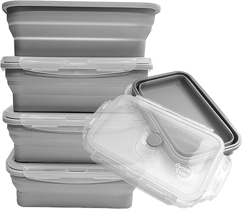 Cocina Vida Contenedores plegables de silicona para almacenamiento de alimentos con tapas herméticas  Lonchera apilable para cocina apta para
