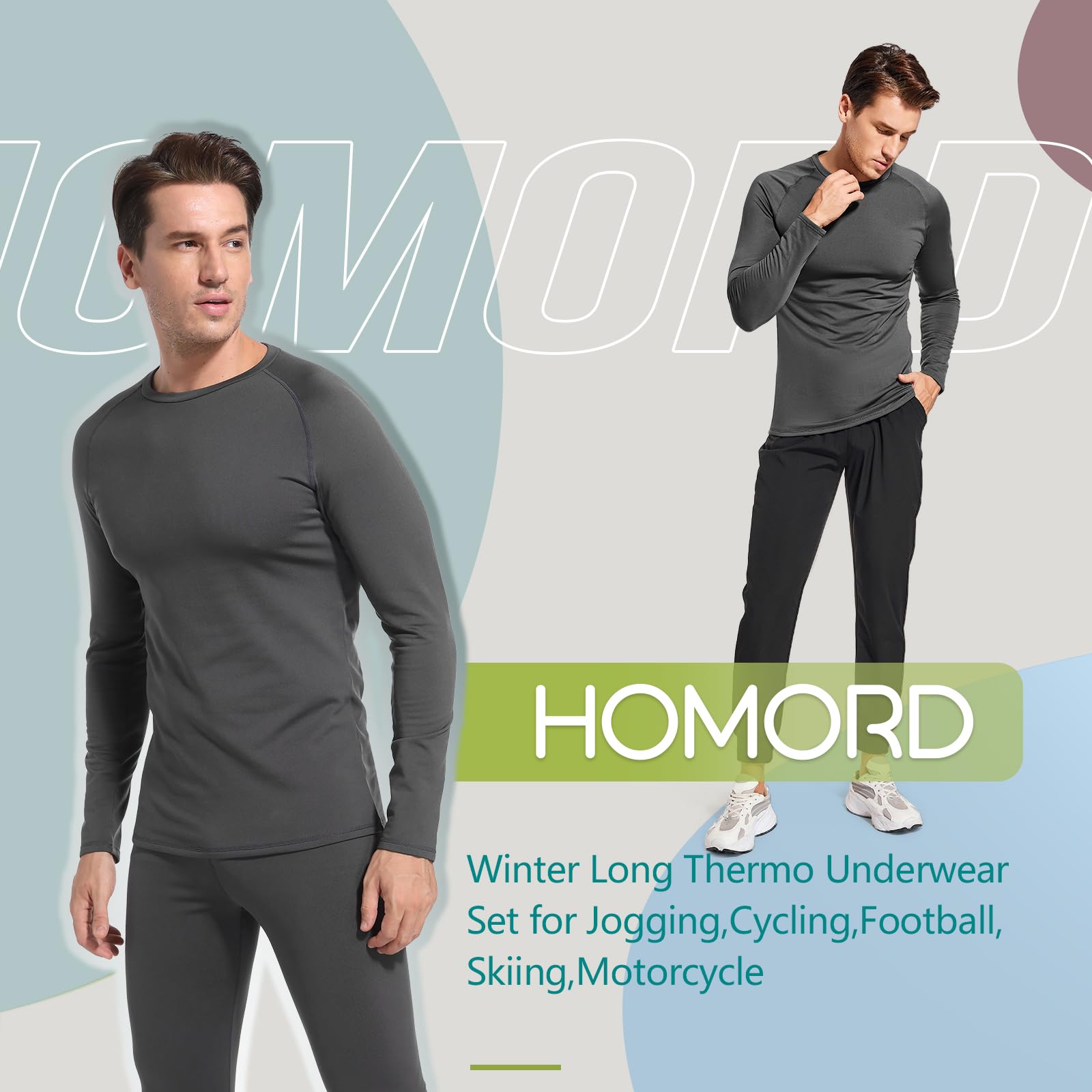 Homord Intimo Termico Uomo Invernale, Manica Lunga Maglia Termica e Pantaloni - Attivo Caldo Completo Tuta Termica Funzionale Set Termico Uomo per Sci Ciclismo Corsa Allenamento