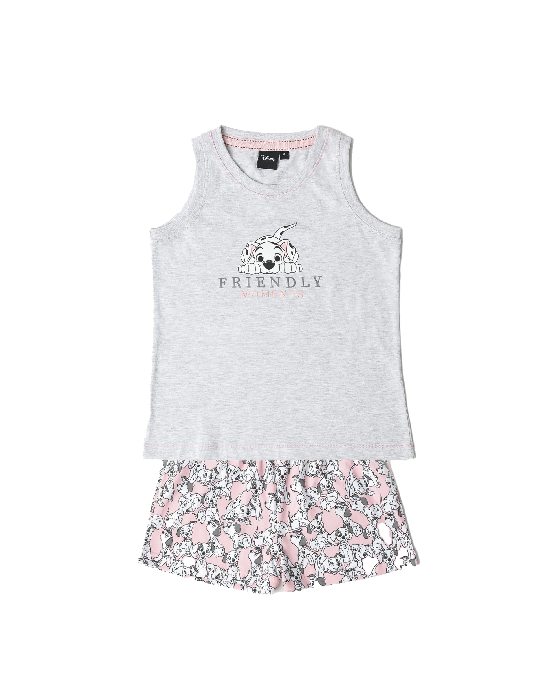 Disney Pijama niña Verano algodón - Pijama sin Mangas Dalmatians para niña – pantalón Corto con Cinturilla elástica Estampado – Tejido Suave al Tacto, Gris Jaspe - Talla 8 años