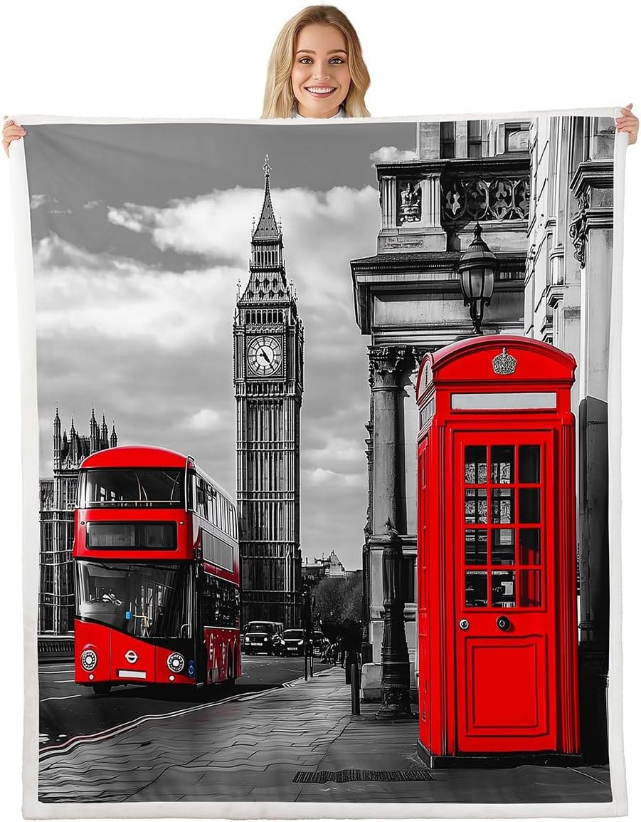 Modern Cityscape Sherpa Blanket London Themed Fleece Throw Blanket for Sofa Bed Couch Retro Telephone Booth The Big Ben Print Fuzzy Blanket Red Grey Famous European City Room Decor Throw 50"x60"