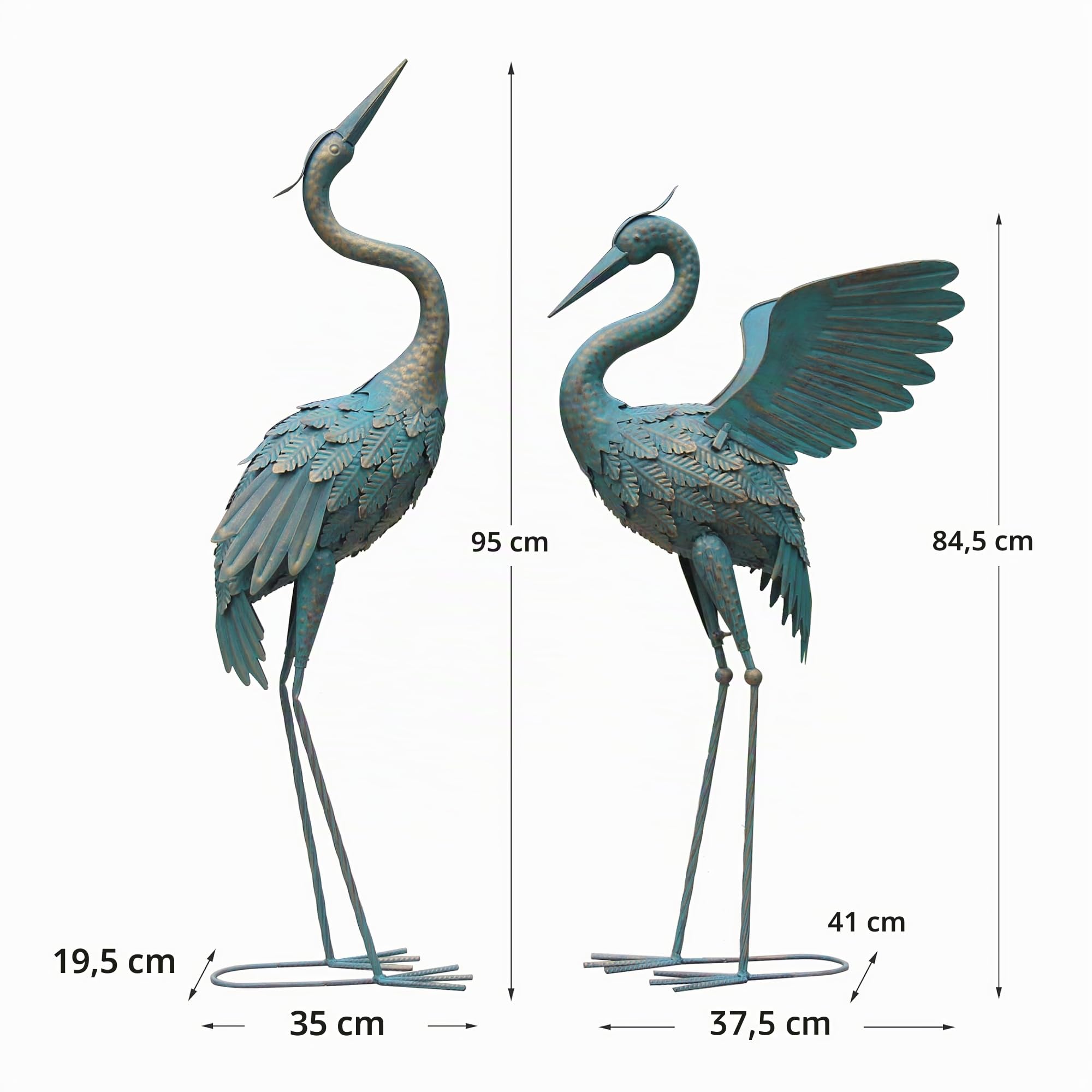 Kranich-Gartenstatue aus Metall, Vogel-Gartenfigur und Statue, Außendekoration für Hof, Terrasse, Rasen, Garten oder Pool, Vintage-Kranich mit ausgebreiteten Flügeln, 84–94 cm, 2er-Set