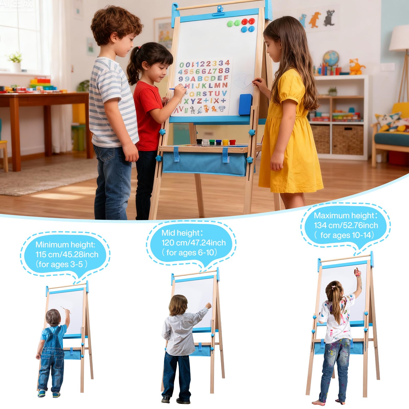 Lavagna per Bambini con Cavalletto Regolabile in Altezza 115-134cm, 3 in 1 Lavagna Magnetica e Bianca in Legno Massello con Rotolo di Carta e Kit 13 Accessori Lifting Drawing Board Bracket