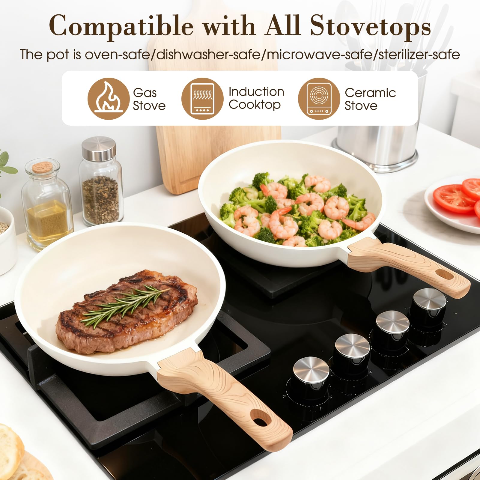 Gugxiom Set di pentole in ceramica Noniyy, 20/24/28 Cm in 3 Parti Padella con Manico Resistente al Calore, Induzione Casseruola in Ceramica per Tipi di Padelle, PFAS e