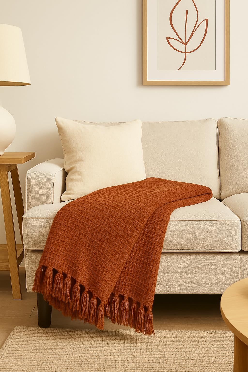 Waffle Knit Throw Blanket with Tassels for Sofa & Bed for All Seasons – Lightweight Decorative Cozy Blanket for Living Room & Bedroom (127x152 cm) (Rust)-image-2