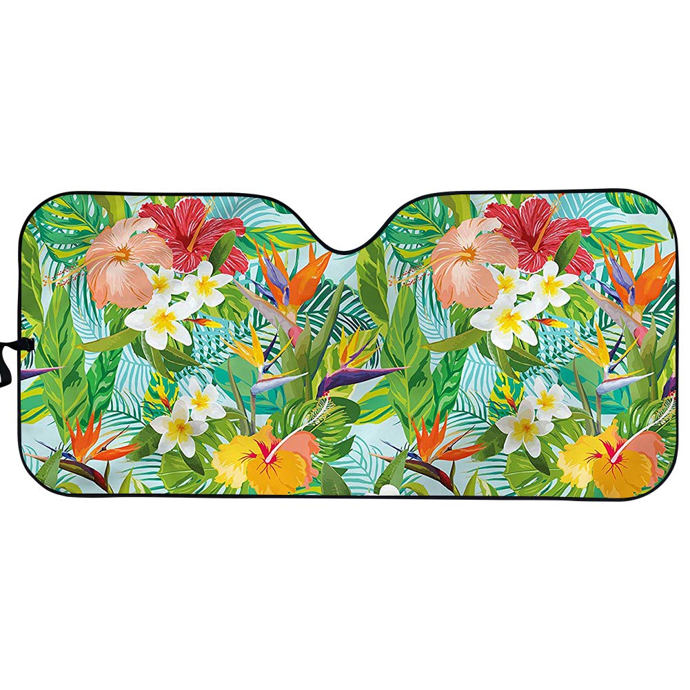 PZZ BEACH Front Windshield Shade-Accordion Folding Auto Sunshade for Car Truck SUV-Blocks UV Rays Sun Visor Protector (Lunarable Leaf， Hawaiian Crepe Gingers Flower Pattern)