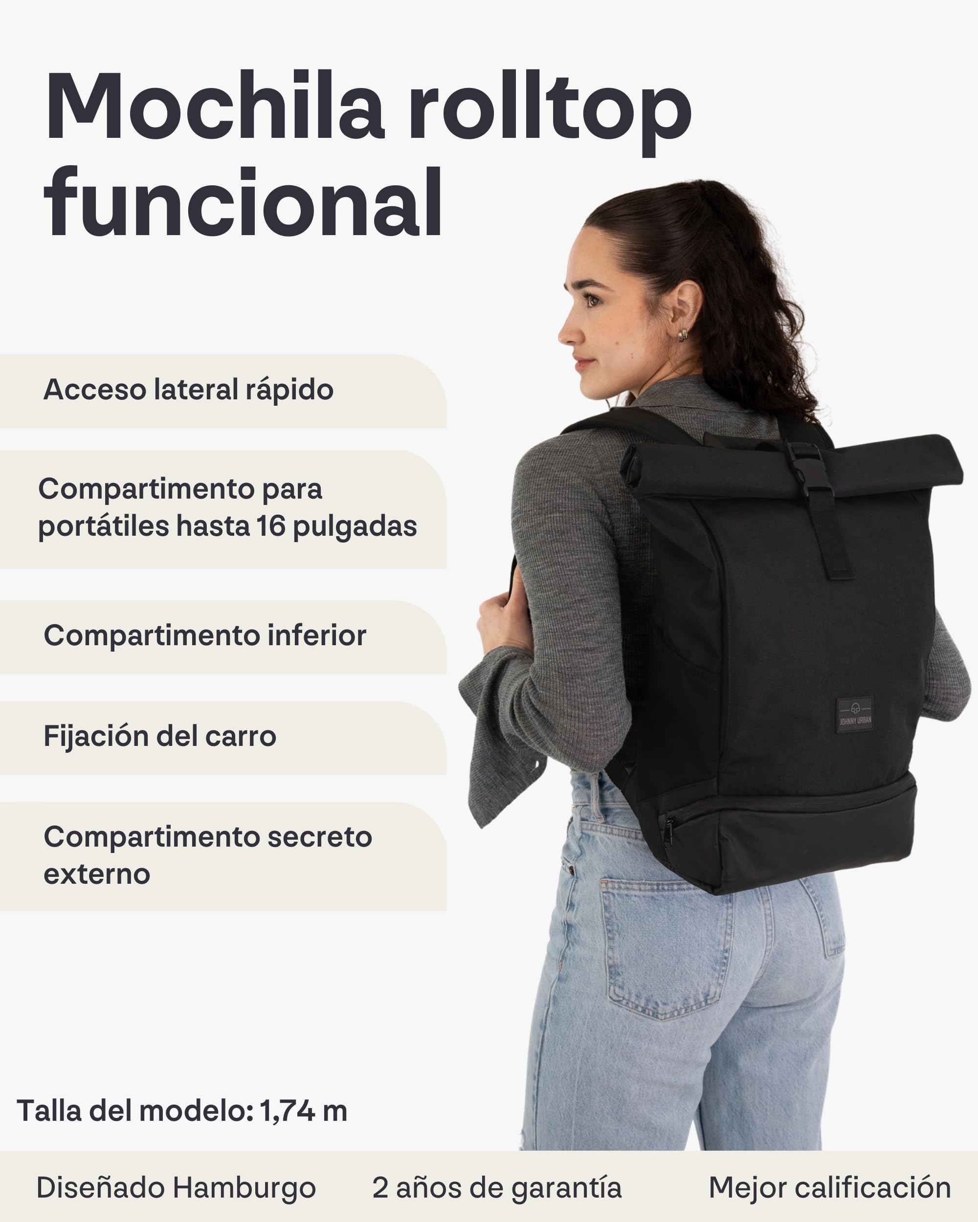 Johnny Urban Mochila Enrollable Mujer Beis Rosa - Allen Medium - Bolso para Viaje, Universidad, Trabajo - Compartimento para Portátil - Repelente al Agua