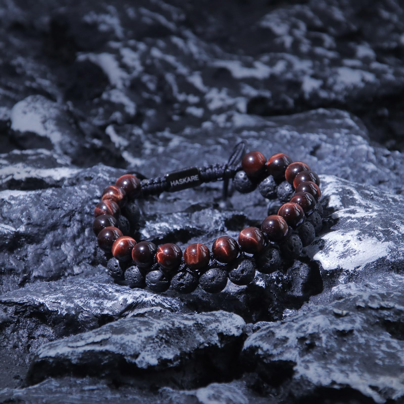 HASKARE Armband Stein Tigerauge Armband für Herren, Echte Steine Perlenarmband Rot Tigerauge Lava Doppelte Perlen Armbander für Männer 19cm, Handmade Energie Edelstein Armband aus für Ihn