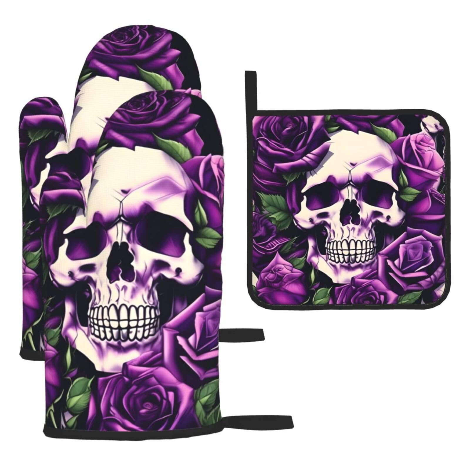 Yyoretp Black Many Purple Rose Skull Print Oven Mitts And Potholders Bbq Gloves-Oven Mitts And Pot Holders For Cooking Baking