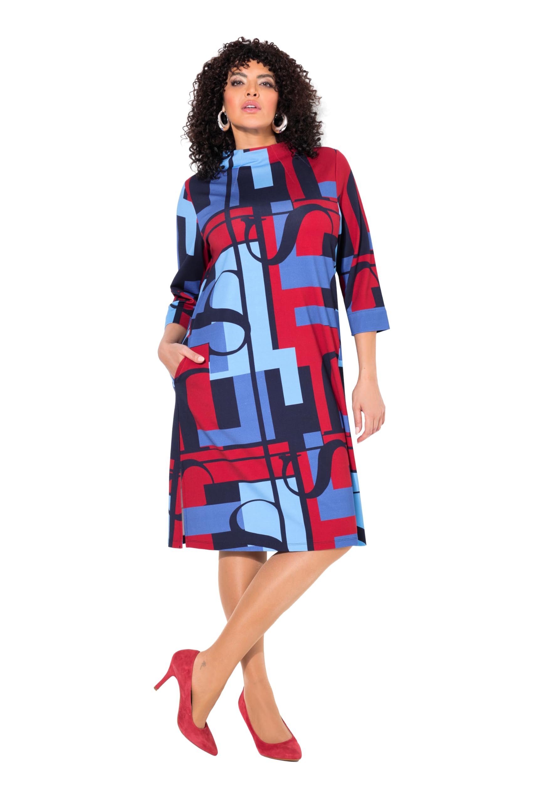 Ulla Popken Damen große Größen Übergrößen Plus Size Punto-Jerseykleid, A-Linie, Stehkragen, 3/4-Arm 835656