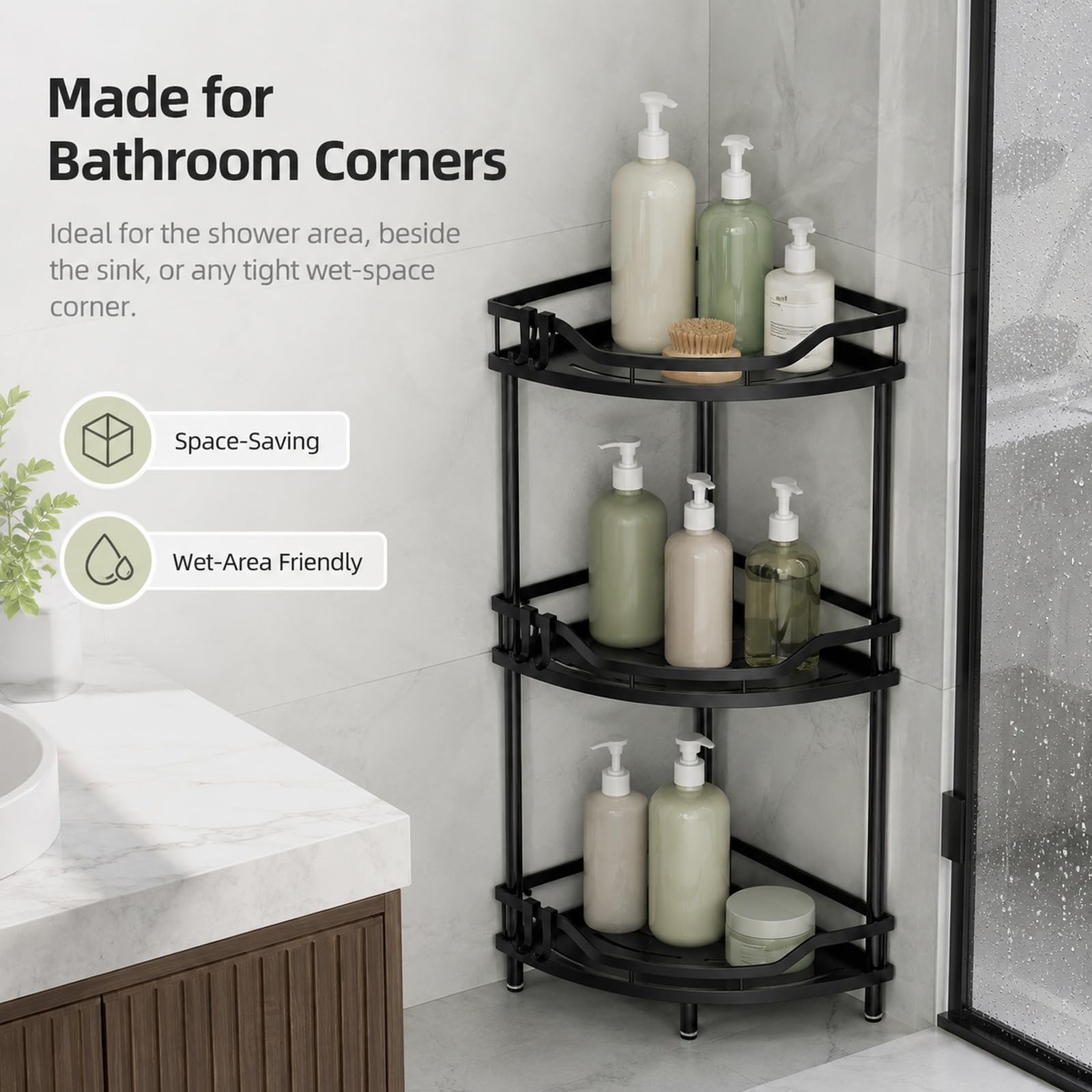 GOOGO Scaffale doccia senza foratura a 3 ripiani, mensola da bagno da terra per doccia e lavabo, organizer angolare freestanding in metallo con design drenante (nero)