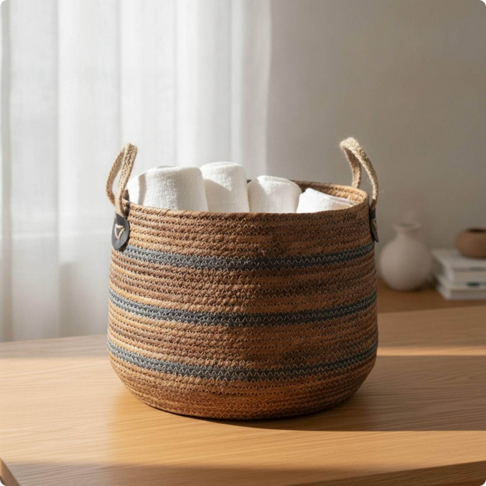 Cesto Portatutto Cesto Contenitore Cesta Intrecciata Cesto Decorativo in Corda a Bocca Aperta con Presa per Tenere in Ordine Giocattoli Plaid E, Marrone Scuro, Medio 35 27 Cm