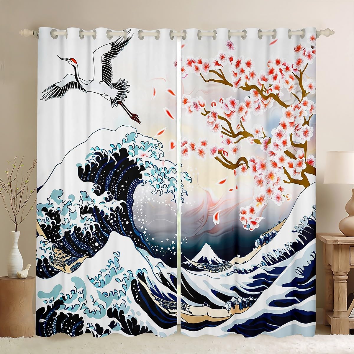 Cherry Blossoms Window Curtains for Bedroom Living Room Chic Crane Curtains for Kids Girls Women Ocean Wave Decor Window Drapes Pink Japanese Ukiyoe Theme Window Treatments,42 X 84 Inches,2 Panels