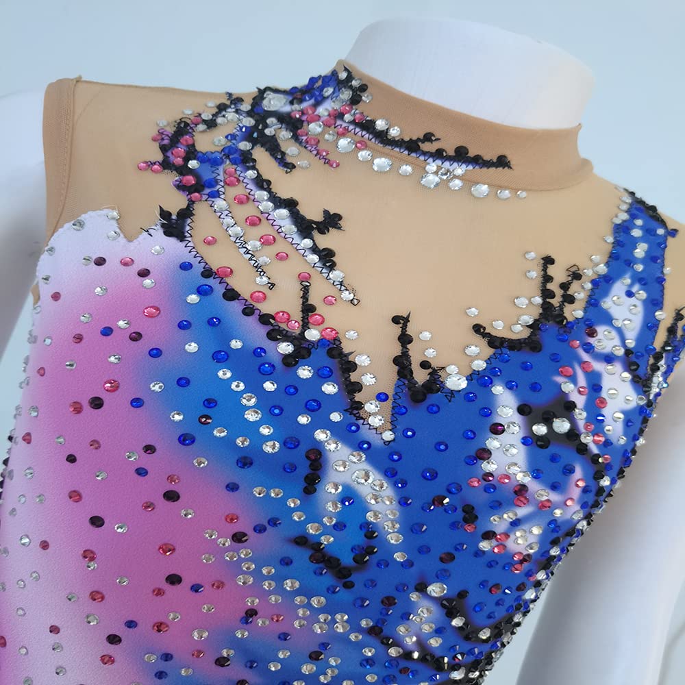 LIUHUO Justaucorps de gymnastique rythmique sans manches pour fille Bleu/rose