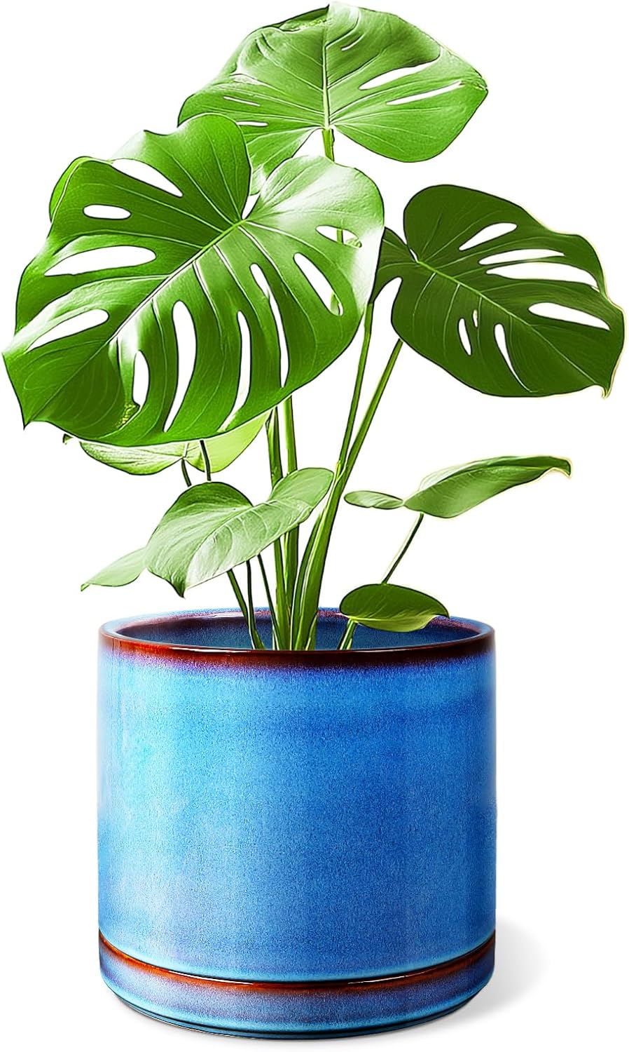 10 Inch Ceramic Plant Pot with Drainage Hole, Indoor Flower Pot for Plants with Saucer, Heavy Duty Blue Ceramic Planter for Home and Garden