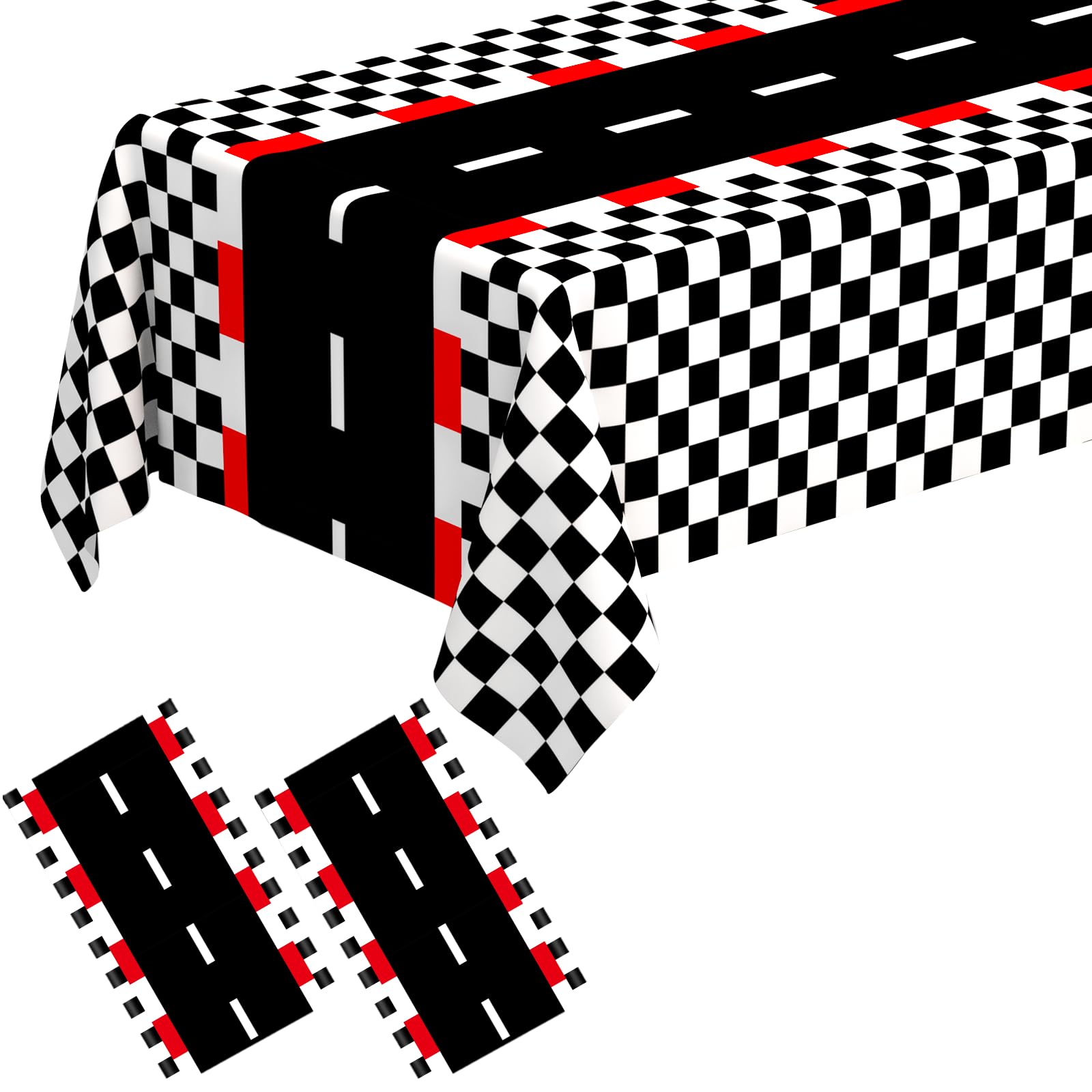WNINK 2 Pack Racing Car Theme Rectangular Plastic Tablecloths, Car Disposable Table Covers 54" x 108" Black Checkered Flag Table Cloths for Race Car