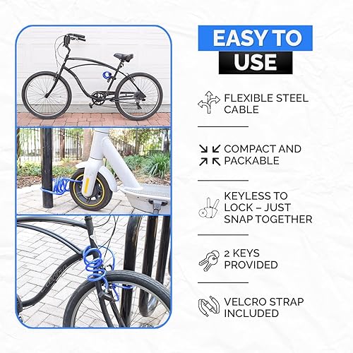 Miniatura 5 de DocksLocks Juego de candado de cable para bicicleta, cable de seguridad en espiral con cerradura de llave y soporte de montaje, protección antirrobo