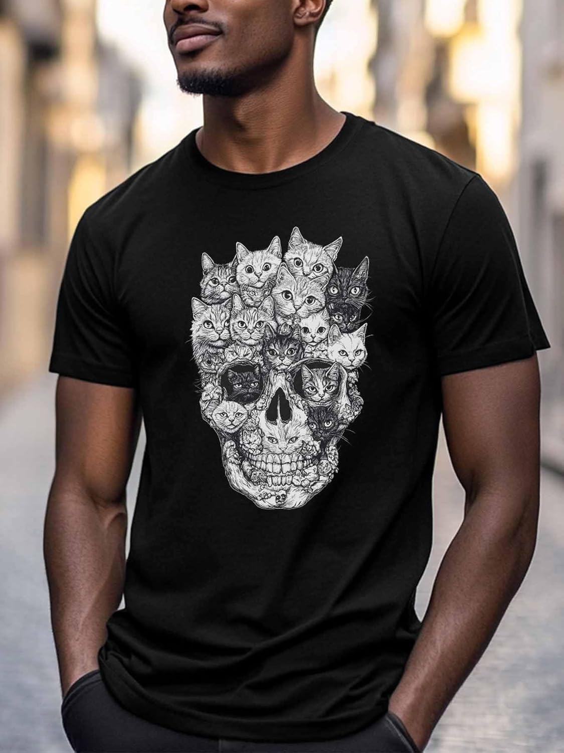 Men's T-Shirts Skull Head with Cats Crew Neck Short Sleeve Graphic Tees - Image 3