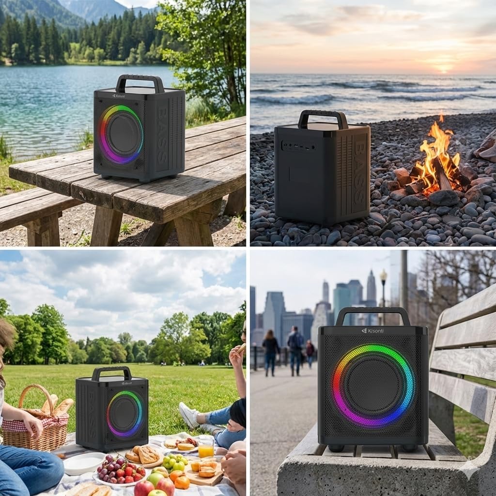 Kisonli K4 Bluetooth Speaker in various outdoor settings like a picnic, beach, and park