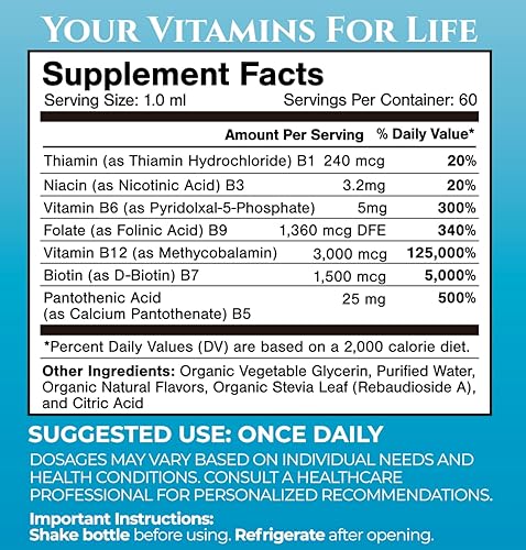 Miniatura 2 de Superdose - Gotas líquidas de complejo orgánico de vitamina B  125,000% DV vitamina B12, B6, biotina, niacina, folato  Energía, salud cerebral,