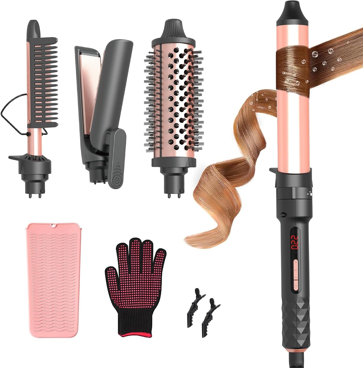 4-in-1 Curling Iron Set for Long Hair, Fast Heating Ceramic Ionic Hair Curler, Flat Iron & Hot Brush Combo, Frizz-Free Styling Tool with Dual Voltage for Home & Travel