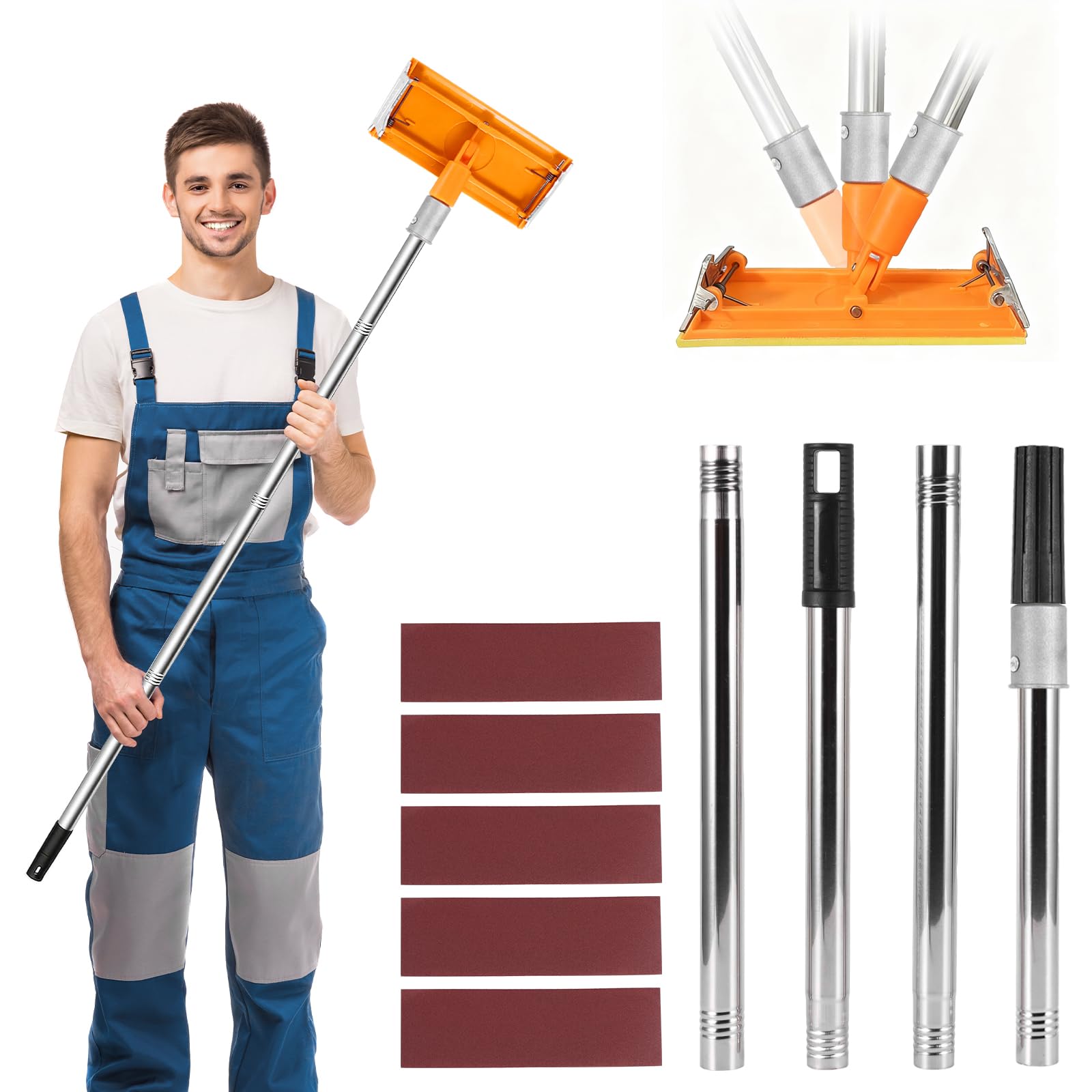 Bryzal Pole Sander for Drywall, 50.7in Extendable Sanding Pole with 360° Swivel 8in Head, Non-Slip Handle + 5 Grit Papers Pole Sander for Walls and Ceilings