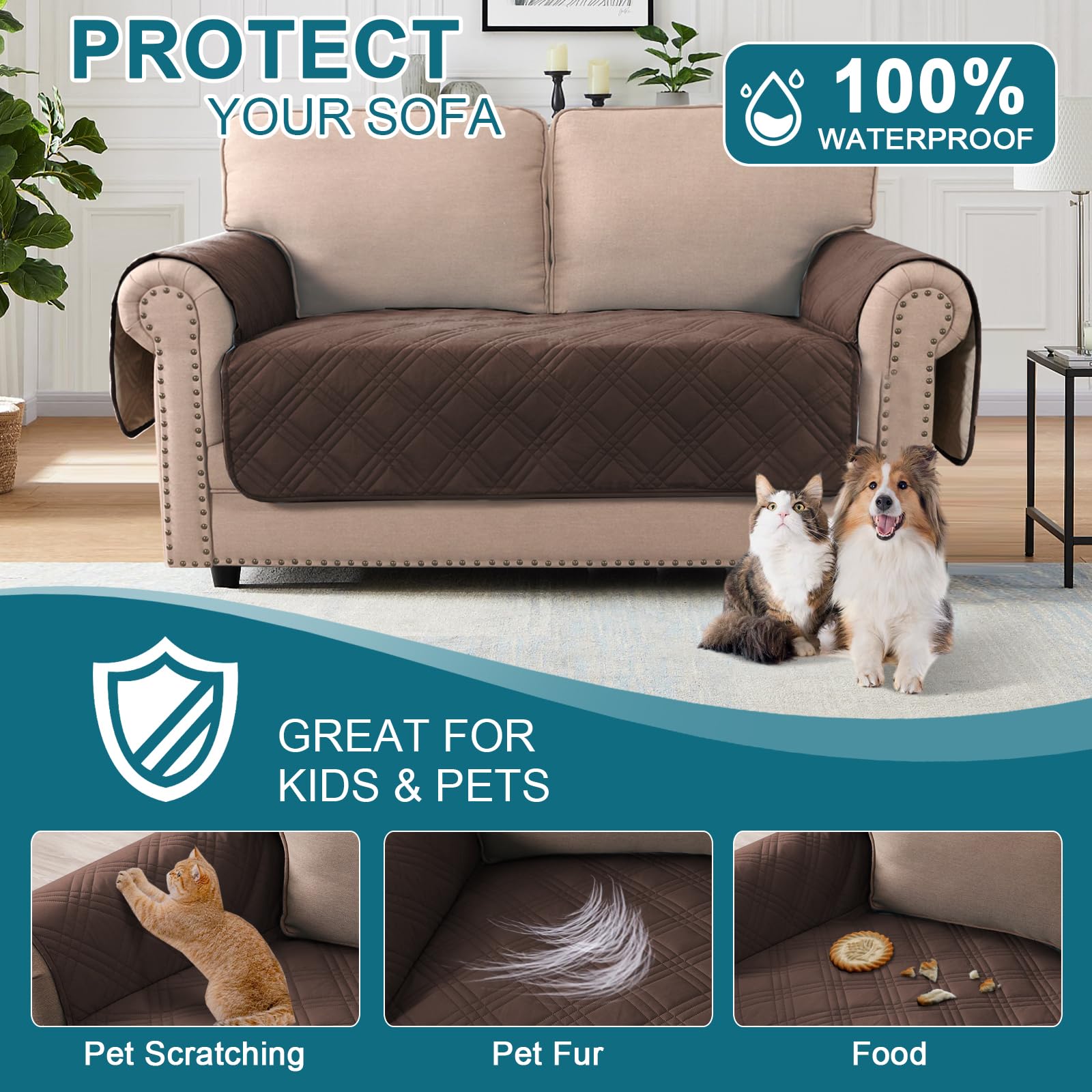 BellaHills 100% Waterproof Sofa Covers 2 Seater Sofa Cover for Living Room Washable Seat Covers with Side Pocket Furniture Protector from Pets (2 Seater - Image 3
