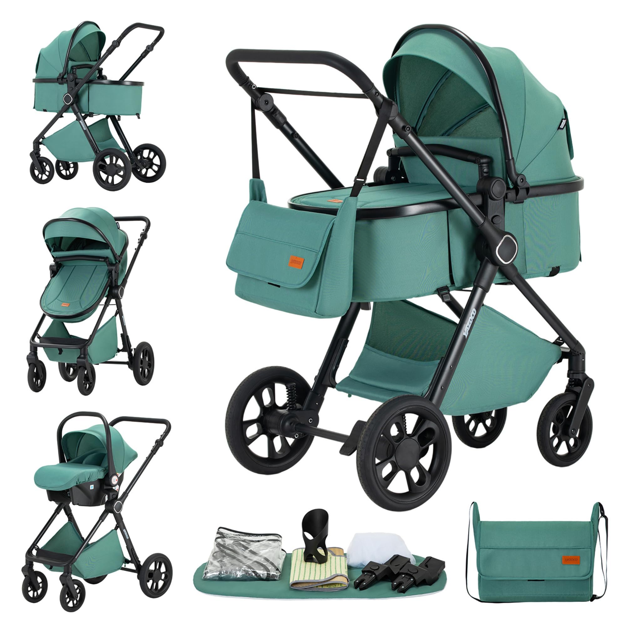 Passeggino trio 3 in 1 con seggiolino auto i-Size Pieghevole, sedile reclinabile, marcia bidirezionale, cinture a 5 punti, portata 0-25 kg, 0-4 anni (Verde)