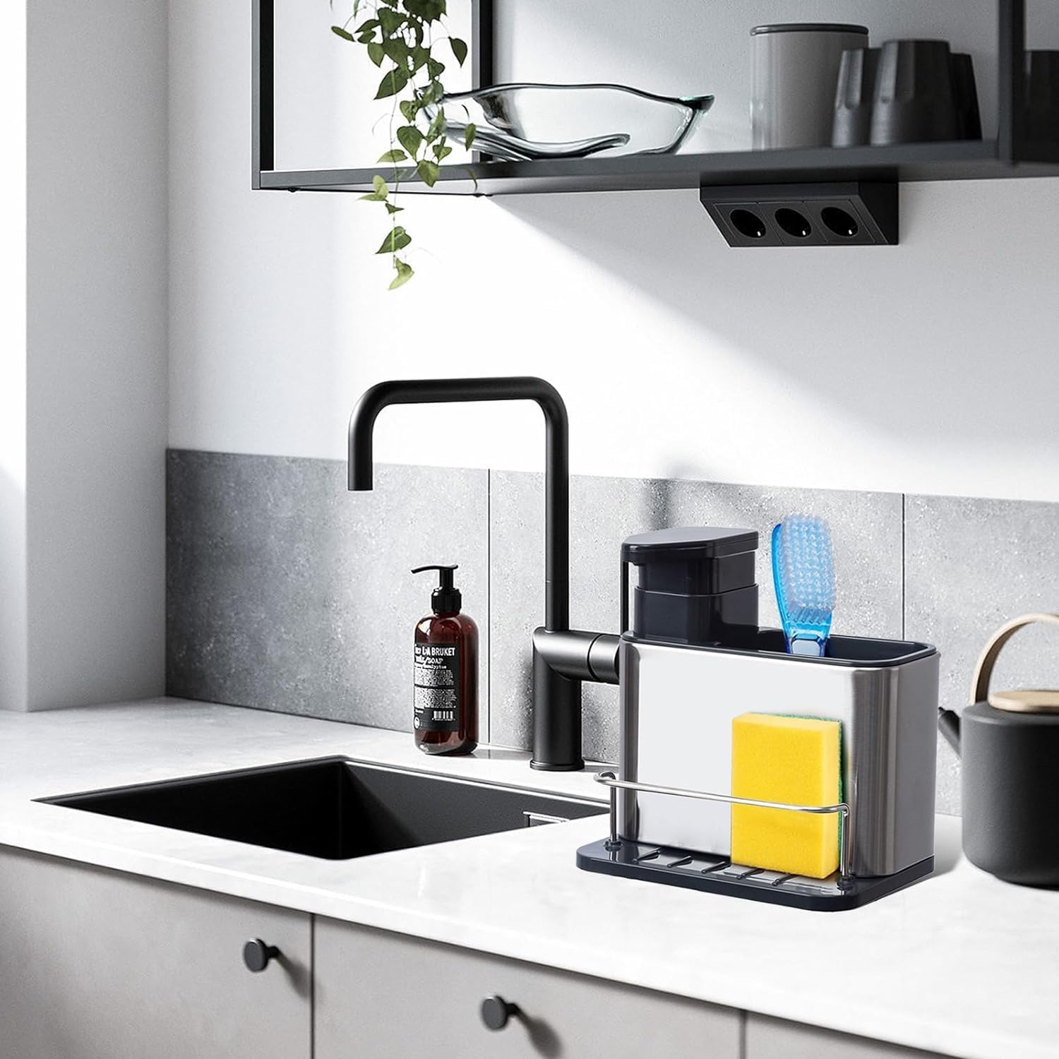 SARNESHWERAM Stainless Steel 3-in-1 Soap Dispenser Sponge and Brush Holder Sink Drainer Rack for Kitchen Caddy Organizer with Refillable Soap Pump Stand 1