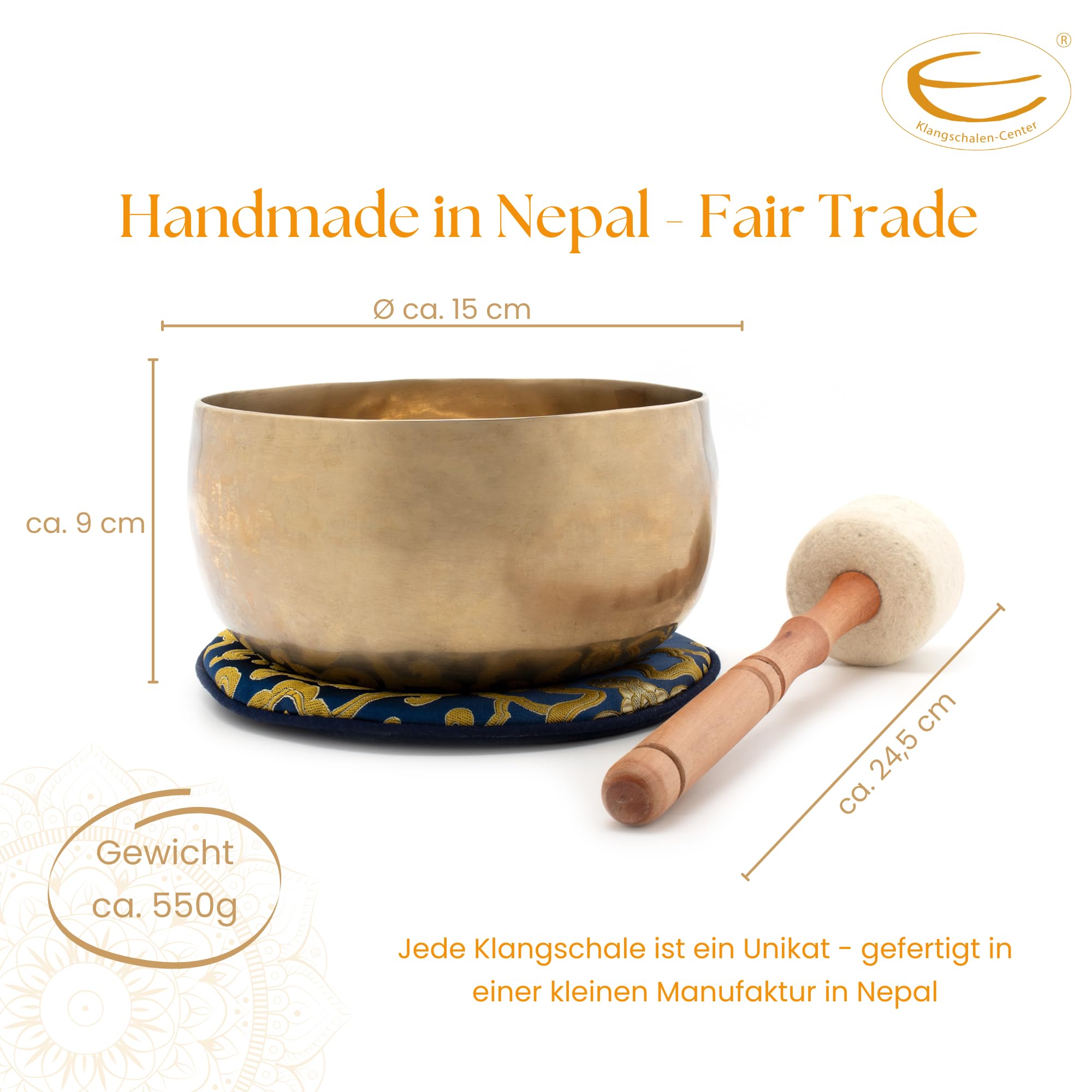 Nepal-Klangschale ca. 500–600 g, handgeschmiedet | Fair Trade aus Nepal, warmer, tiefer Klang, inkl. Zubehör