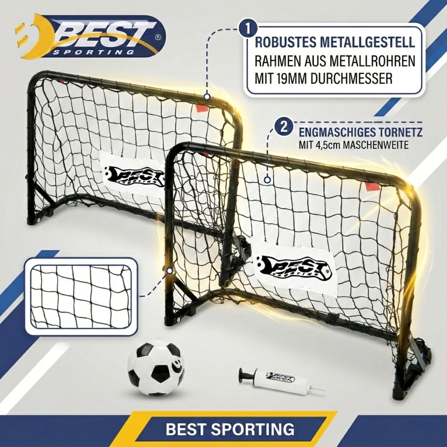 Best Sporting Mini Fussballtor | Fussballtore 2er Set - ideal als Fussball Geschenke Jungen | Inklusive Ball Größe 1, Luftpumpe, Erdanker zur Fixierung und Saugnäpfe für Glatte Oberfläche 60x45x24 cm
