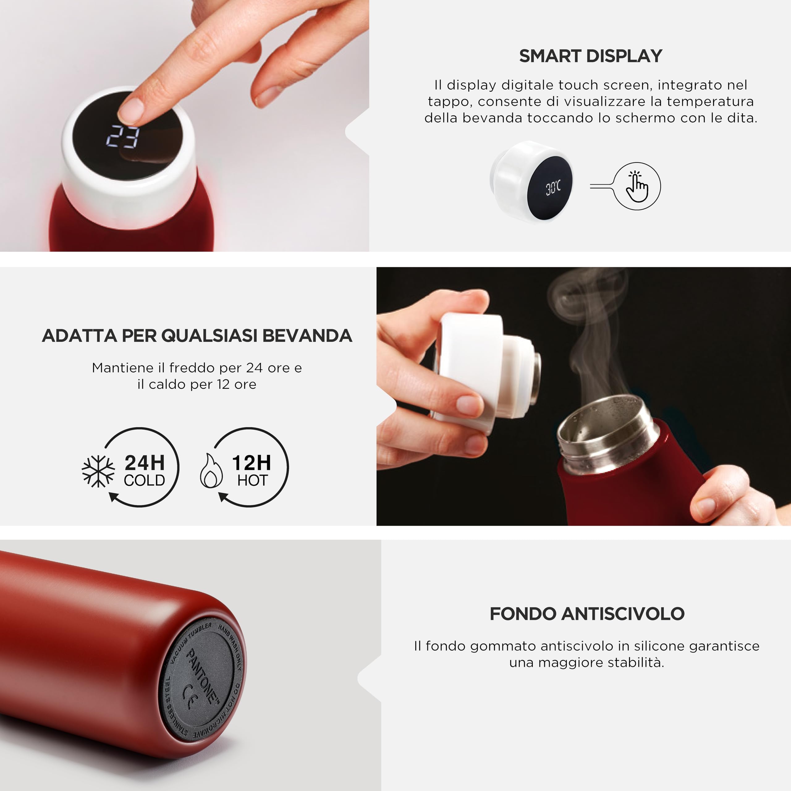 Pantone™ Thermosfles, 500 ml, van roestvrij staal, met touchscreen-display voor temperatuurregeling, 24 uur koud en 12 uur warm, luchtdicht, mat, geschikt als drinkfles voor sportschool, reizen, werk