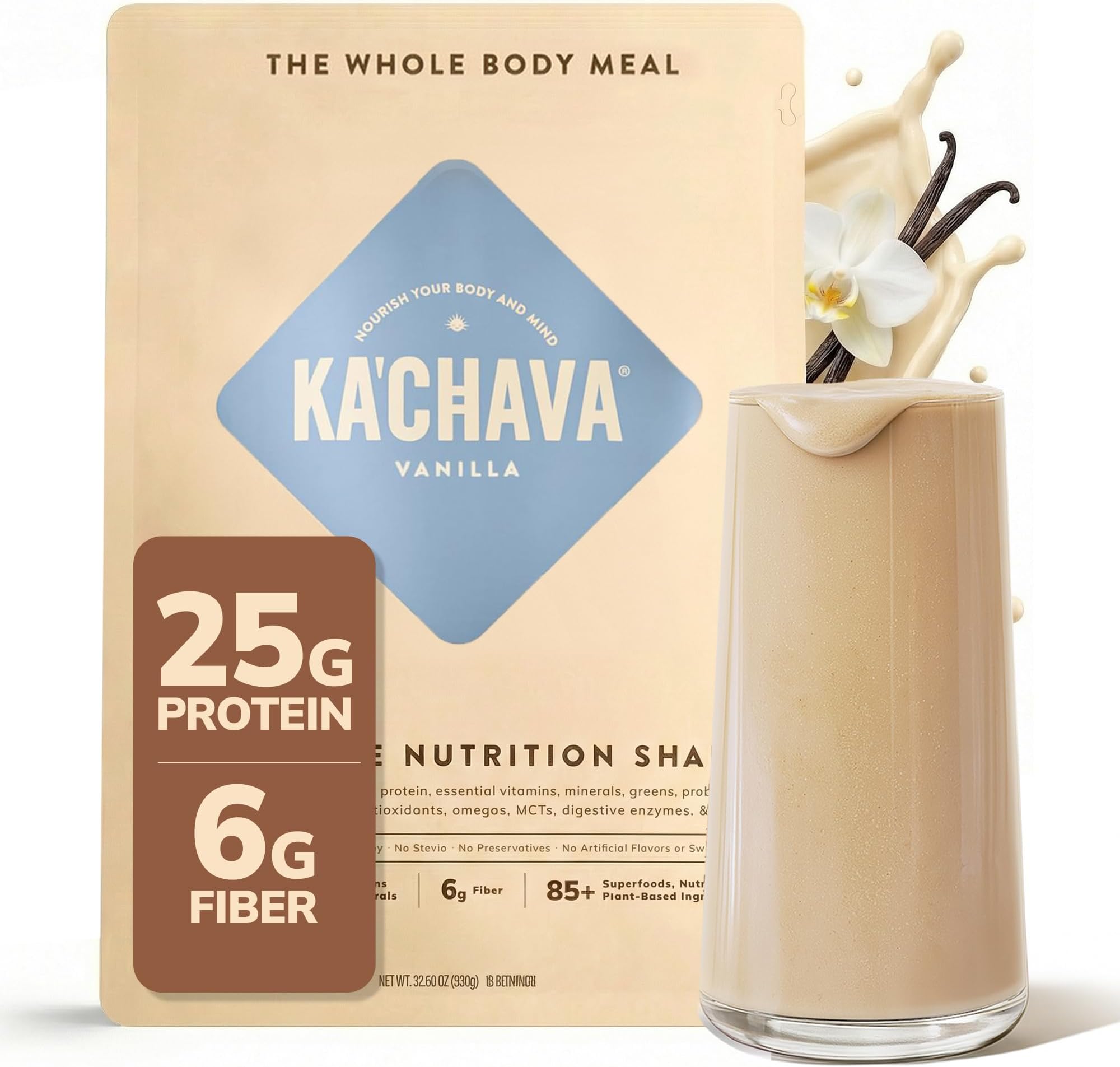 - Ka’Chava Whole Body Meal Shake Vanilla 2 lb – Vegan Protein Powder with 85+ Superfoods & Greens – Plant-Based Meal Replacement with Probiotics & Digestive Enzymes – Gluten & Dairy Free (15 Servings)
