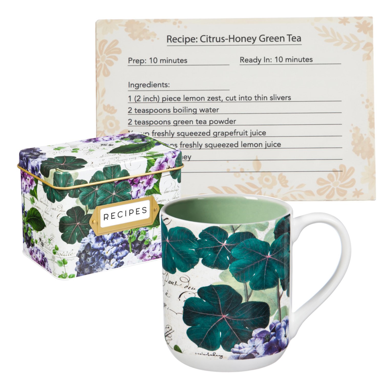 Cypress Home Beautiful Garden Glow Ceramic Cup and Recipe Tin - 5 x 3 x 1 Inches Homegoods and Accessories for Every Space