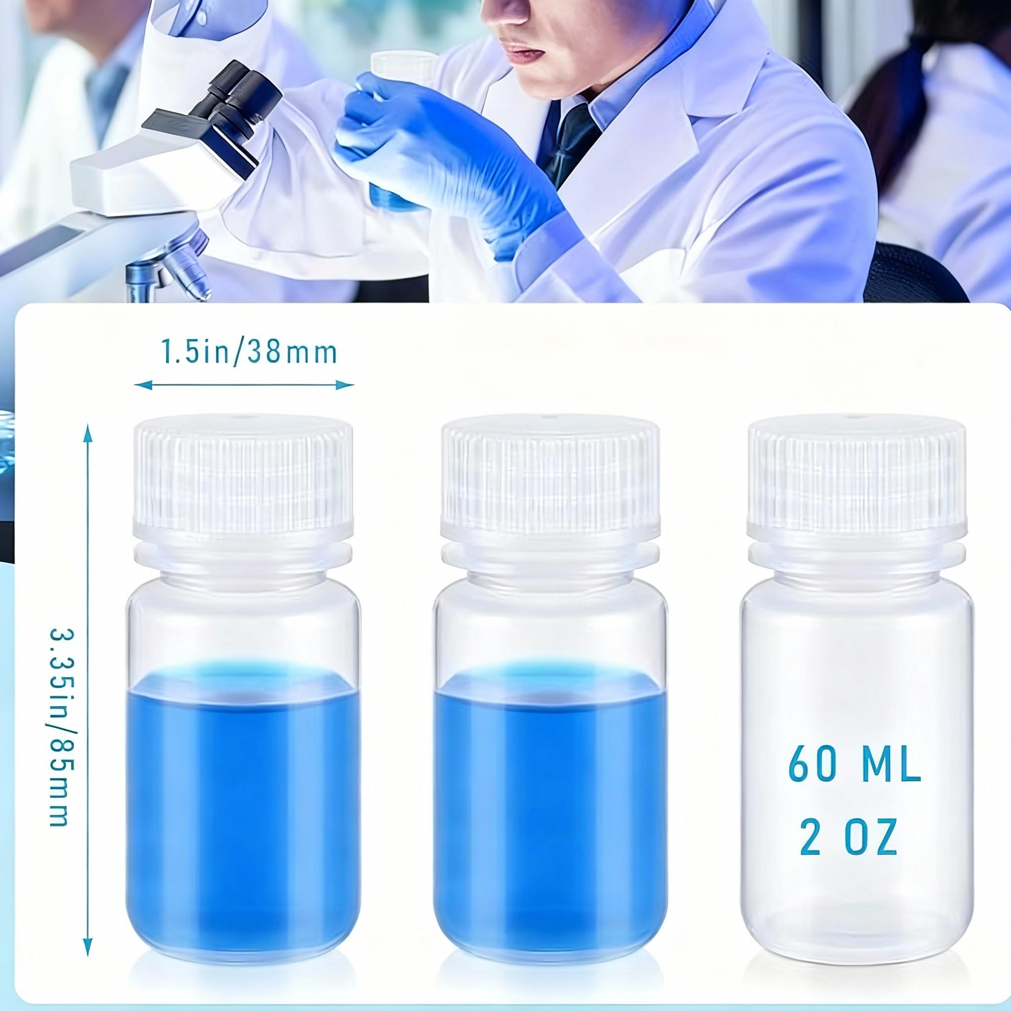 Tatuo 48 botellas de plástico para muestras de píldoras de boca ancha, contenedor de reactivo de laboratorio con tapas, recipiente translúcido de muestra de agua de polipropileno para líquidos