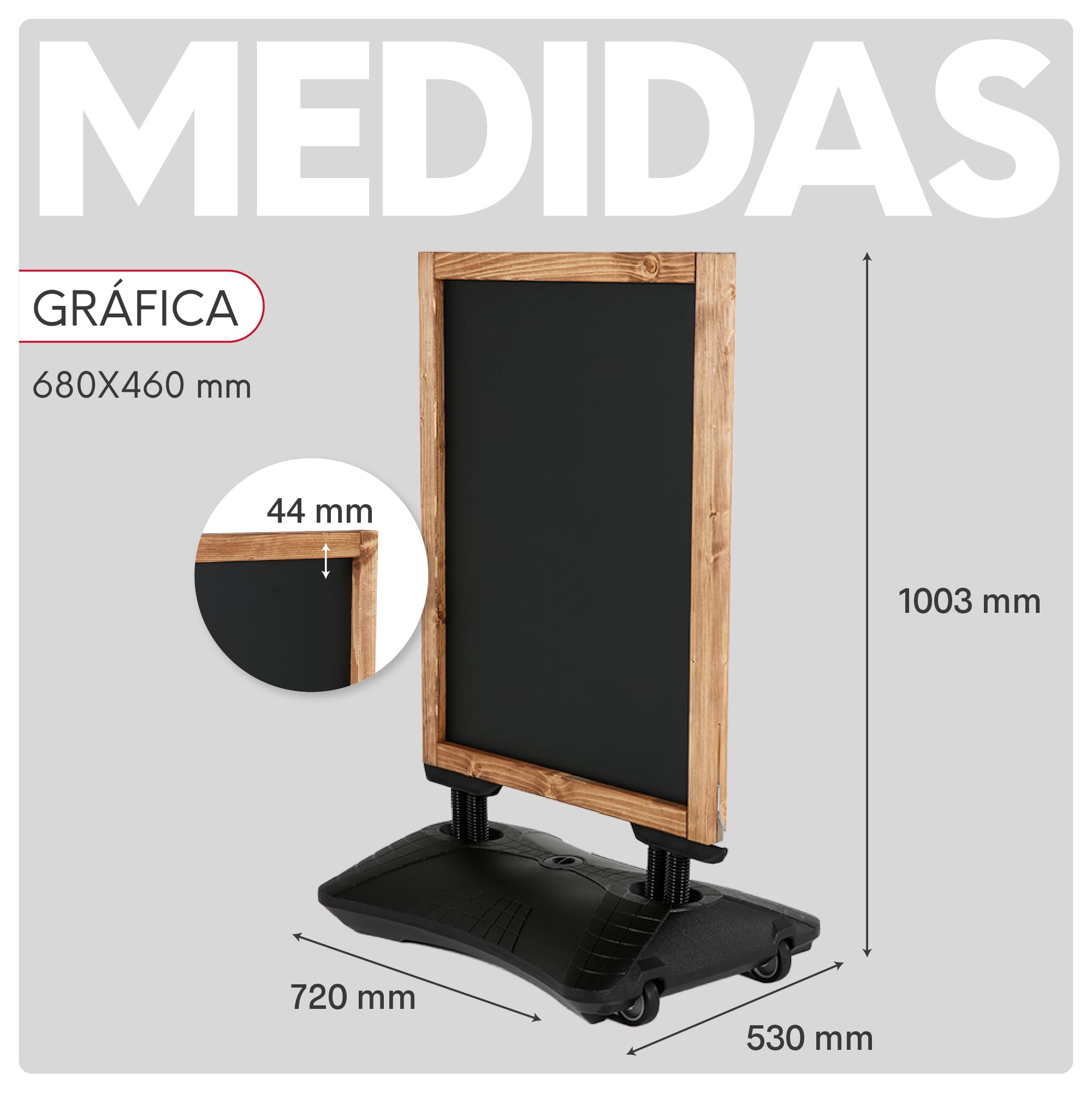 Pizarra Negra Doble Cara para Exterior con Base Rellenable y Ruedas | Pizarra Magnética y para Tiza y Rotulador | Marco de Madera de Haya | Cartel Publicitario para Hostelería (680x460 mm)