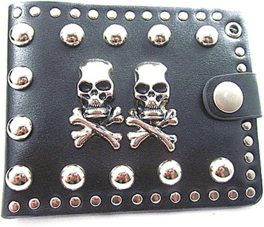 Men's Black Bifold Leather Wallet Double Skull Biker Punk Gothic Stub Purse