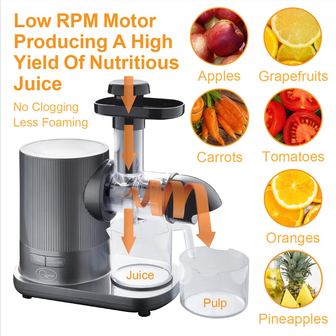Quest 150W Slow Juicer / Cold Press Style / Juicer / Quiet Motor <60dB / Higher Nutritional Value & Juice Officiency / Accessories Included (White
