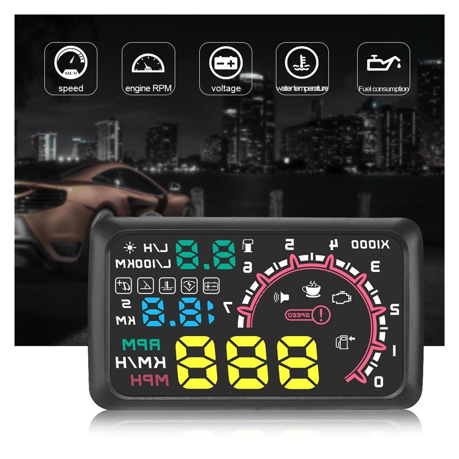 OBD2 HUD Pantalla Frontal De Coche LED Proyector De Parabrisas 5,5 "A8 Herramienta De Diagnóstico De Datos De Alarma De Voltaje 4" X6 Advertencia De Combustible De Velocidad