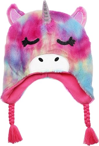 Kids Little Girls Unicorn Beanie Winter Hat Rainbow Faux Fur Plush Fleece Lined Earflap Cap