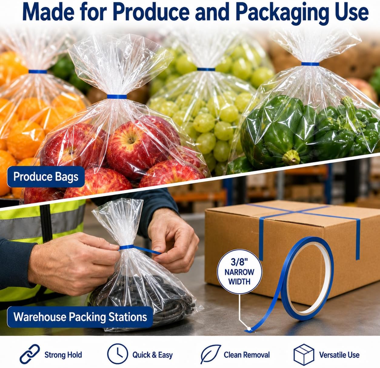 Produce Bag Closer Seal Tape 3/8" x 180 Yards (10 Rolls) (Dark Blue)