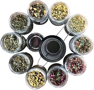 Smoke Camp Crafts Handcrafted Organic Loose Leaf Herbal Tea Gift Set with Stainless Steel Infuser, 10 Jars Caffeine Free Tisanes Variety Pack Assortment