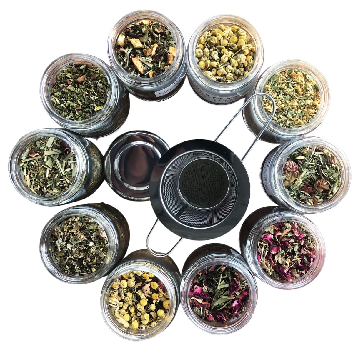Smoke Camp Crafts Loose Leaf Herbal Tea Gift Set with Stainless Steel Infuser, 10 Unique Flavors, Handcrafted, USDA Organic, Tisane Tea Sampler, Pack of 10 Jars
