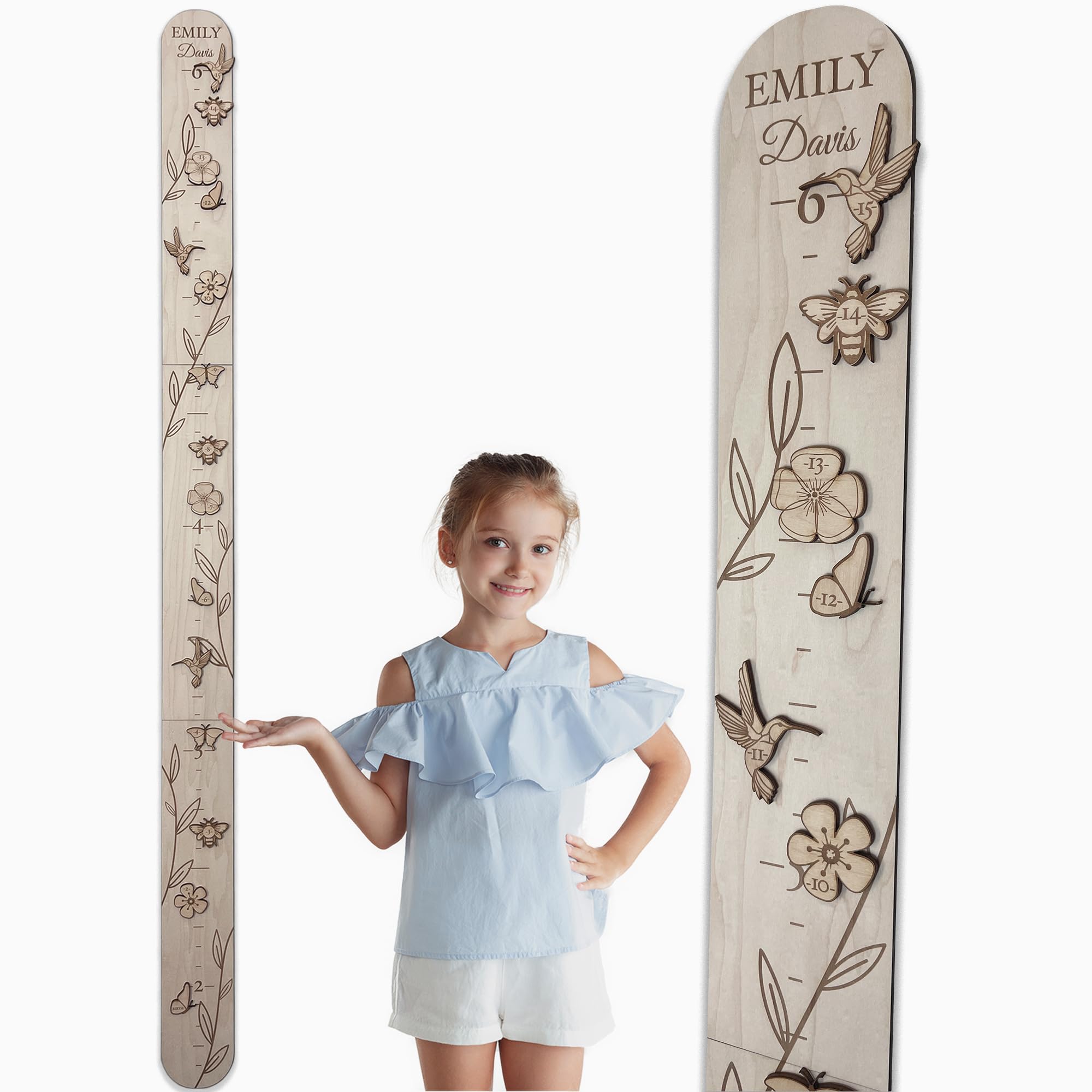 Personalized Wooden Growth Chart for Wall - 6ft Custom Name Kids Measurement Growth Chart for Girls, Child Height Measuring Chart Wooden, Baby Height Chart Wall Wood Wildlife Butterfly Wall Ruler ruler for girls