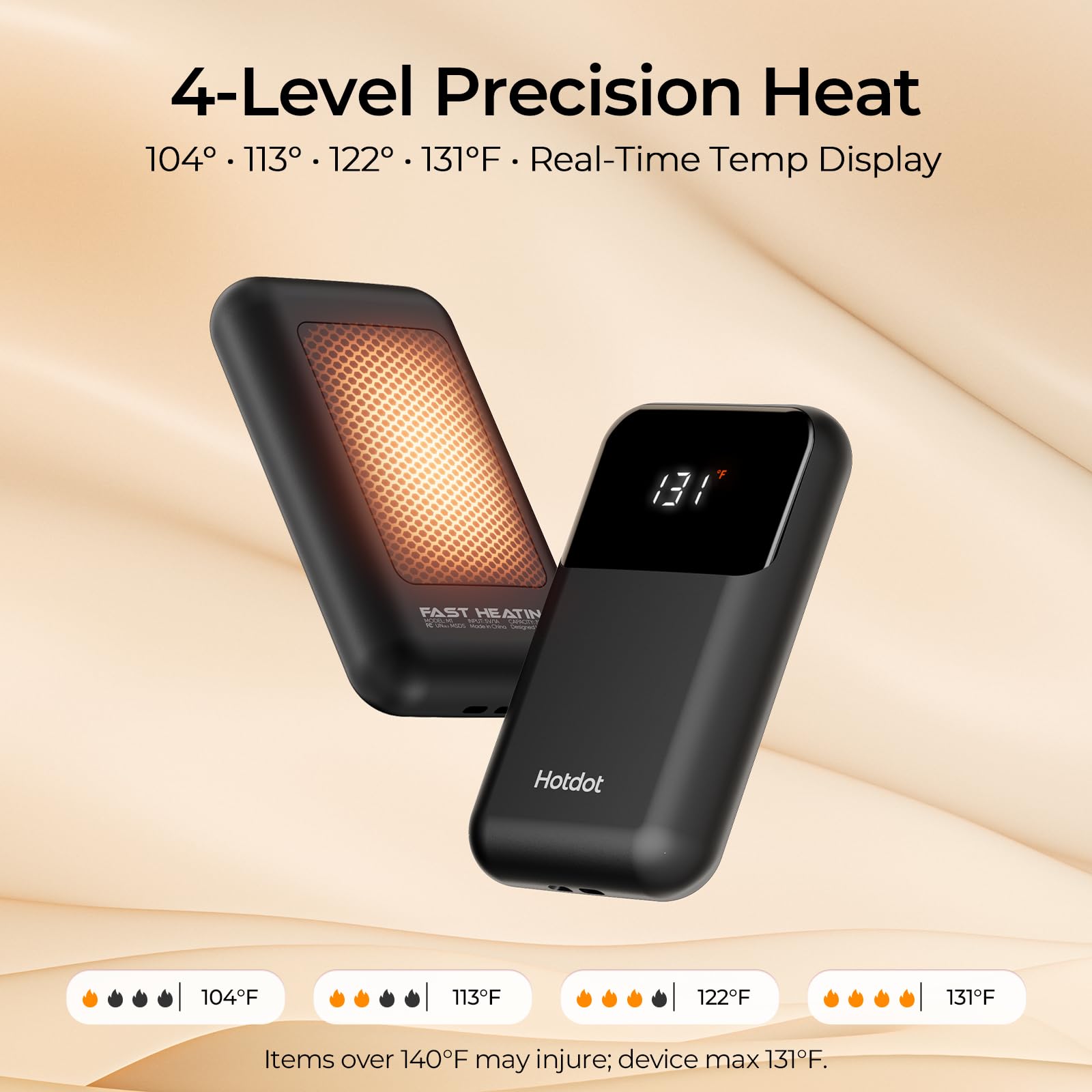 Hotdot Hand Warmers Rechargeable 2 Pack, 4 Heat Levels (104–131°F), Real-Time Temp & Battery Display, Electric Hand Warmers, Fast Heating, Fits in Gloves/Pocket, Gifts for Women & Men